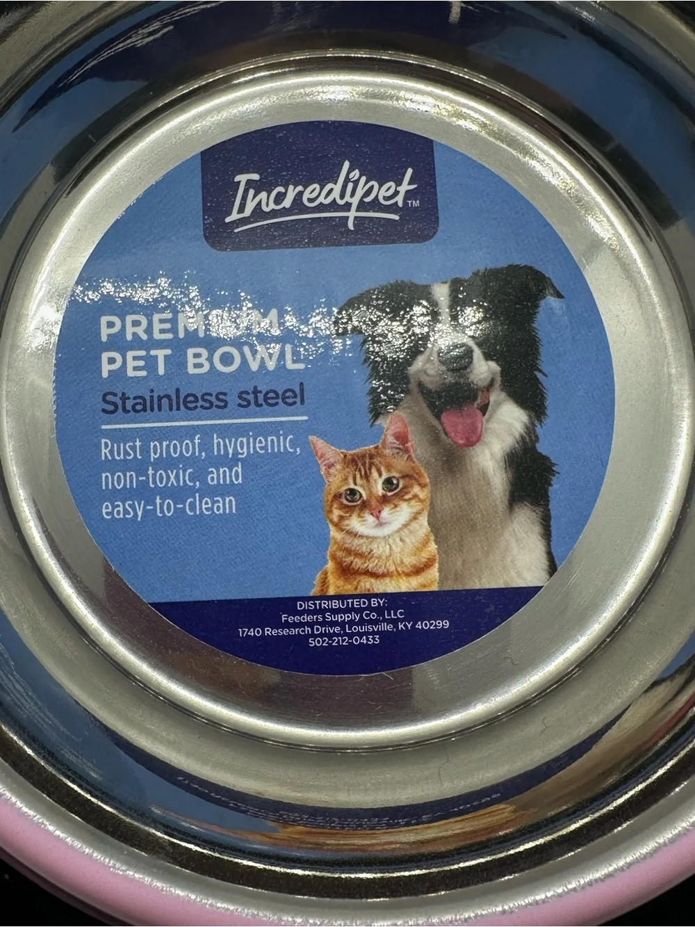 Stainless Steel Cat Bowl with Pink Exterior and Non-Slip Base